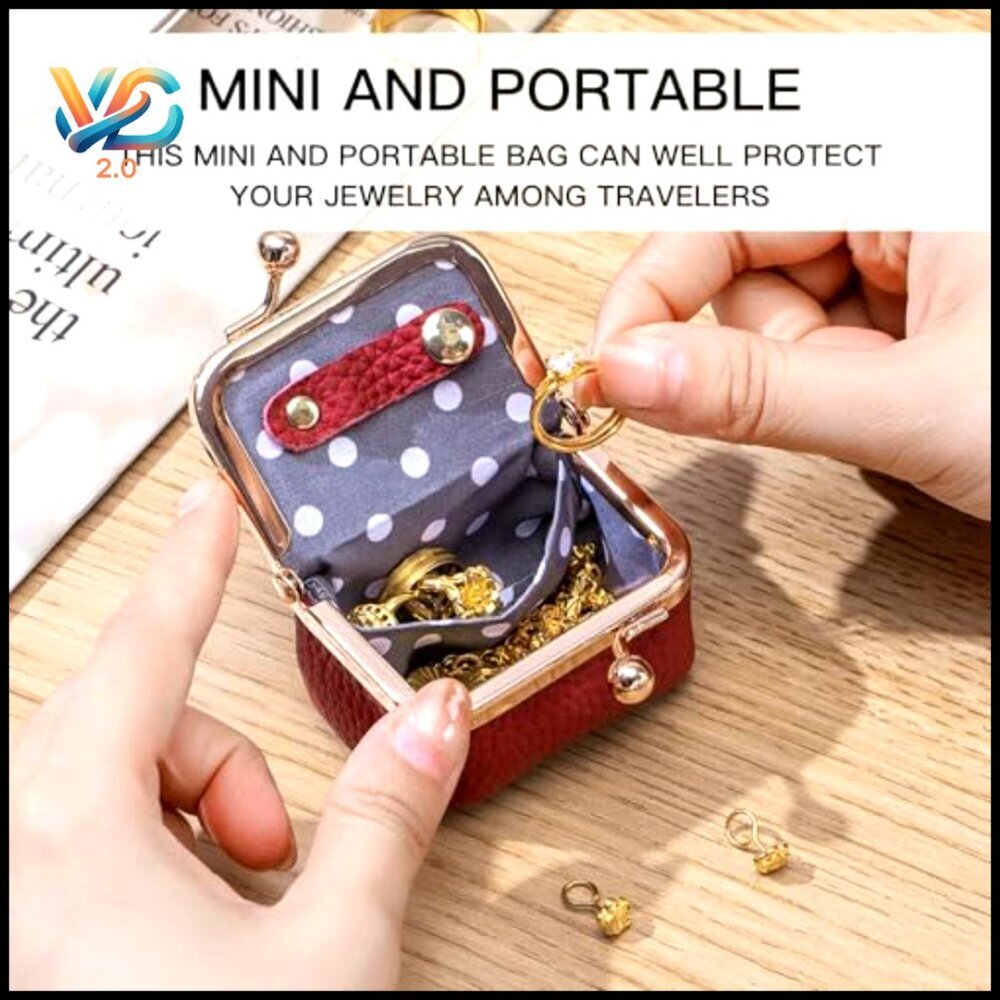 Genuine Leather Mini Jewelry Box Vintage Travel Organizer Kiss Lock Compact - Picture 4 of 7